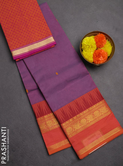 Chettinad cotton saree pastel purple and sunset orange with thread woven buttas and temple rettapet zari woven border