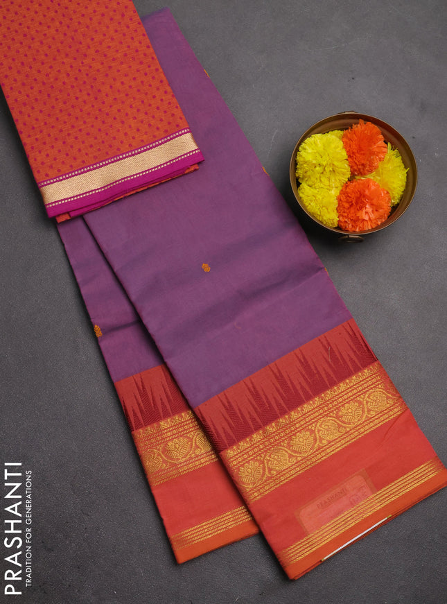 Chettinad cotton saree pastel purple and sunset orange with thread woven buttas and temple rettapet zari woven border