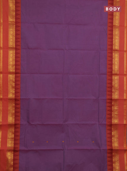 Chettinad cotton saree pastel purple and sunset orange with thread woven buttas and temple rettapet zari woven border