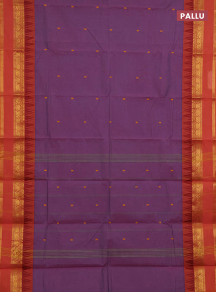 Chettinad cotton saree pastel purple and sunset orange with thread woven buttas and temple rettapet zari woven border