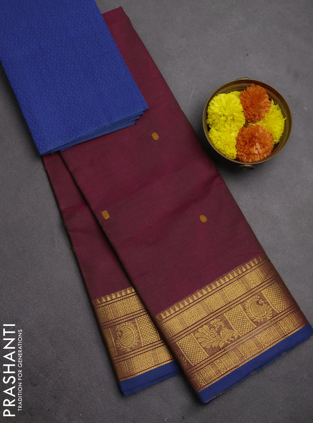 Chettinad cotton saree dual shade of magenta pink and blue with thread woven buttas and zari woven border