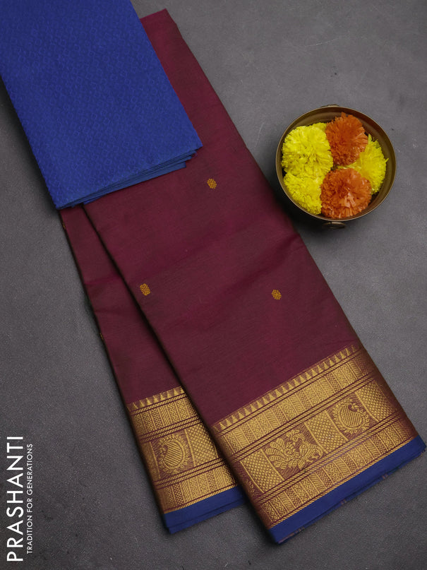 Chettinad cotton saree dual shade of magenta pink and blue with thread woven buttas and zari woven border