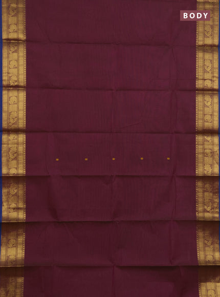 Chettinad cotton saree dual shade of magenta pink and blue with thread woven buttas and zari woven border