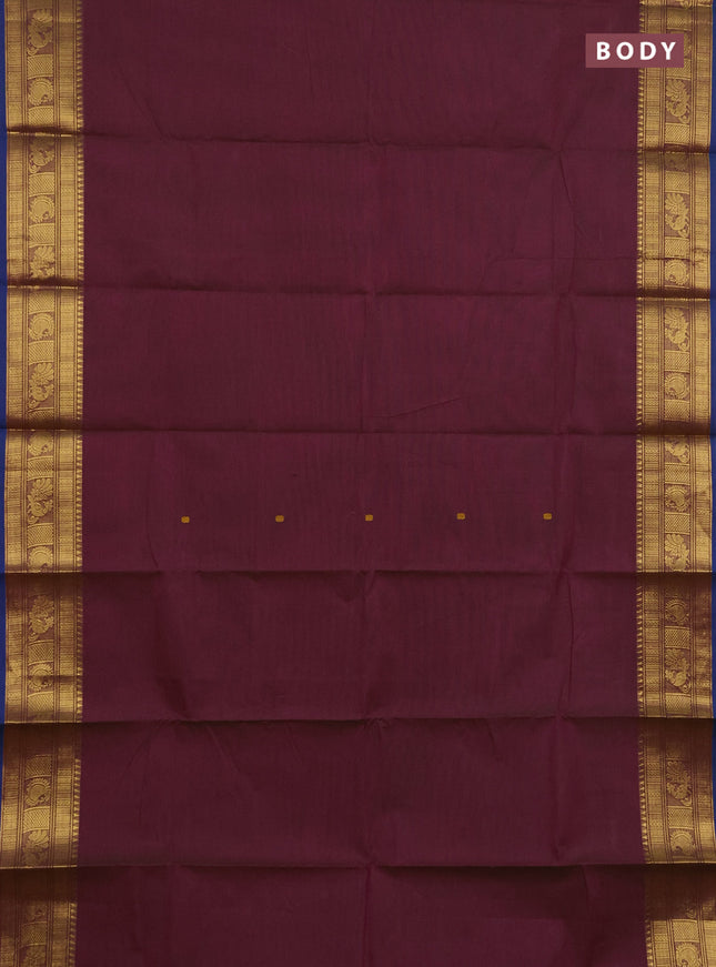 Chettinad cotton saree dual shade of magenta pink and blue with thread woven buttas and zari woven border