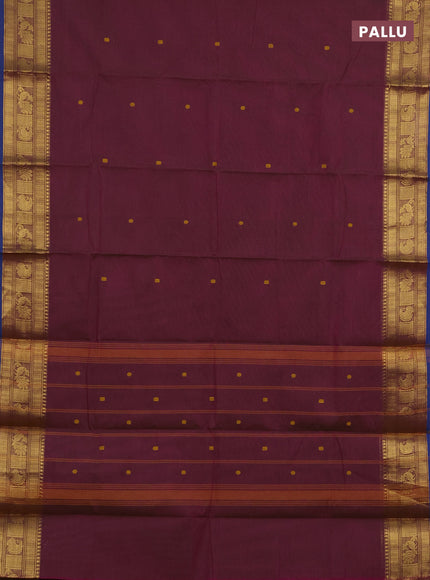 Chettinad cotton saree dual shade of magenta pink and blue with thread woven buttas and zari woven border
