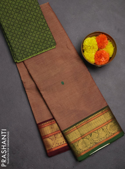Chettinad cotton saree dark sandal and green with thread woven buttas and gnaga jamuna border