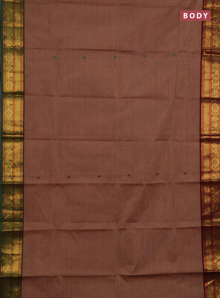 Chettinad cotton saree dark sandal and green with thread woven buttas and gnaga jamuna border