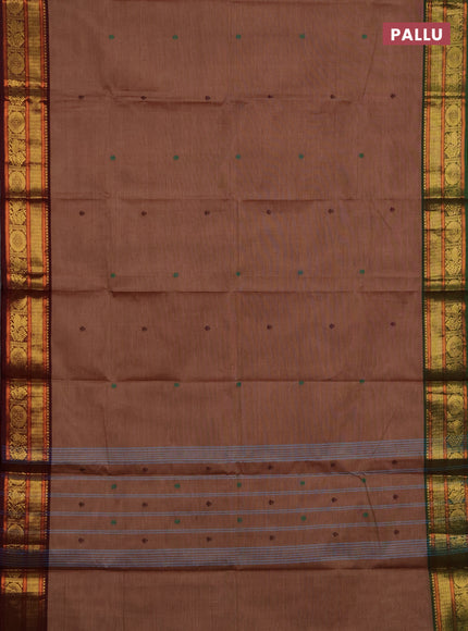 Chettinad cotton saree dark sandal and green with thread woven buttas and gnaga jamuna border
