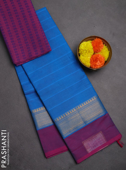 Chettinad cotton saree cs blue and purple with plain body and zari woven simple border