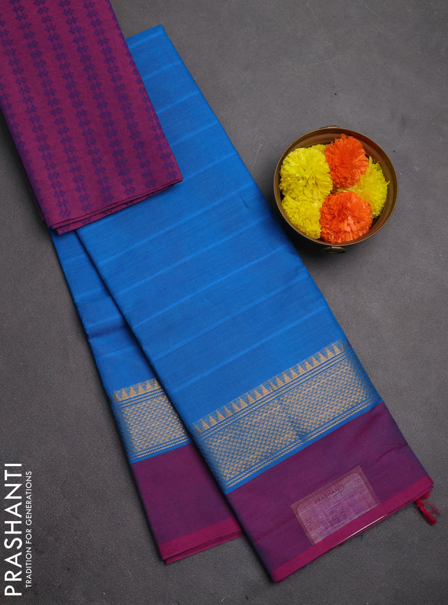 Chettinad cotton saree cs blue and purple with plain body and zari woven simple border