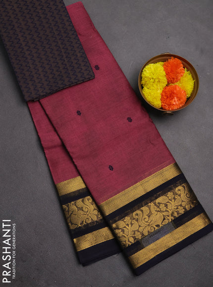 Chettinad cotton saree mauve pink and navy blue with thread woven buttas and zari woven border