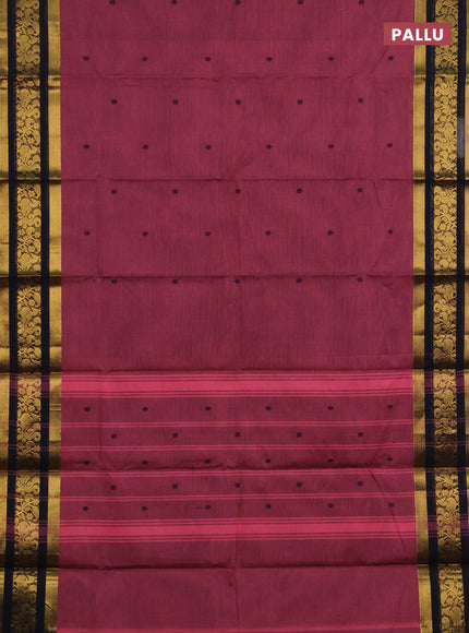 Chettinad cotton saree mauve pink and navy blue with thread woven buttas and zari woven border
