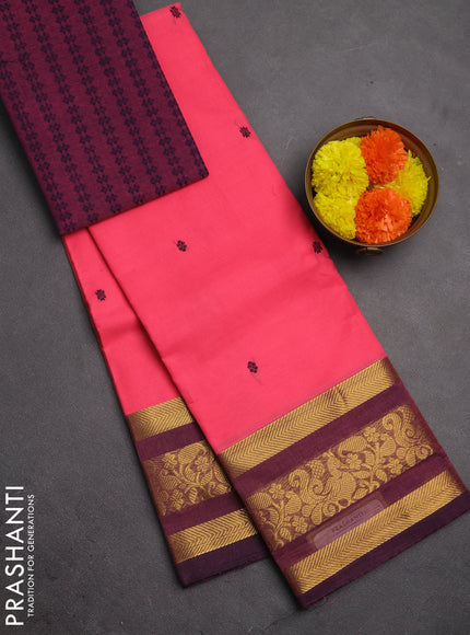 Chettinad cotton saree peach pink and wine shade with thread woven buttas and zari woven border