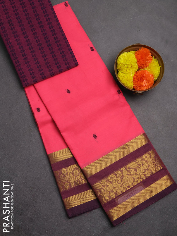 Chettinad cotton saree peach pink and wine shade with thread woven buttas and zari woven border