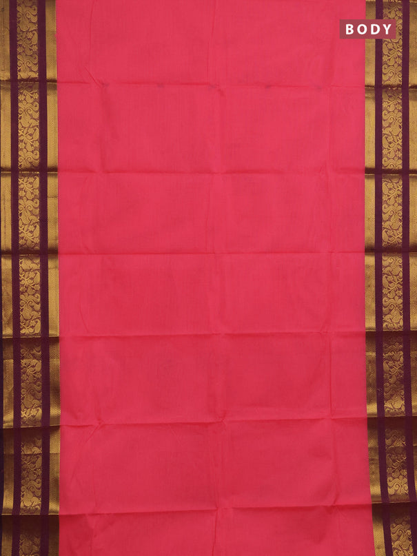Chettinad cotton saree peach pink and wine shade with thread woven buttas and zari woven border