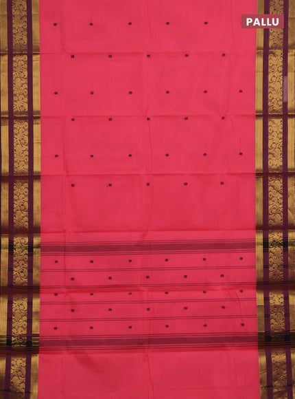 Chettinad cotton saree peach pink and wine shade with thread woven buttas and zari woven border