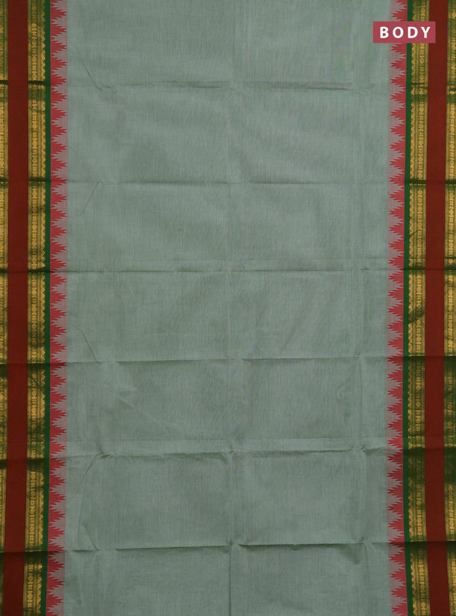 Chettinad cotton saree green shade and green maroon with plain body and rettapet zari woven border