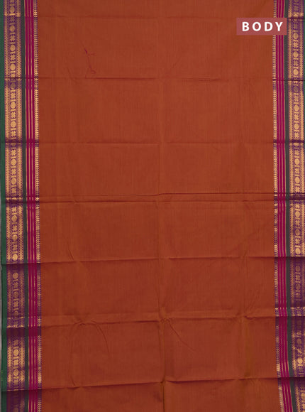 Chettinad cotton saree honey shade and green purple with plain body and zari woven border