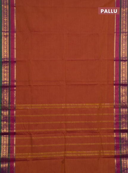 Chettinad cotton saree honey shade and green purple with plain body and zari woven border