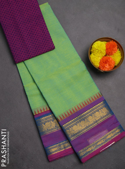 Chettinad cotton saree light green and purple with plain body and rettapet zari woven border