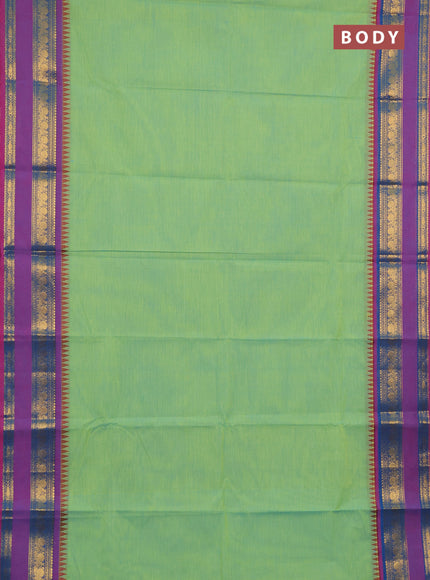 Chettinad cotton saree light green and purple with plain body and rettapet zari woven border