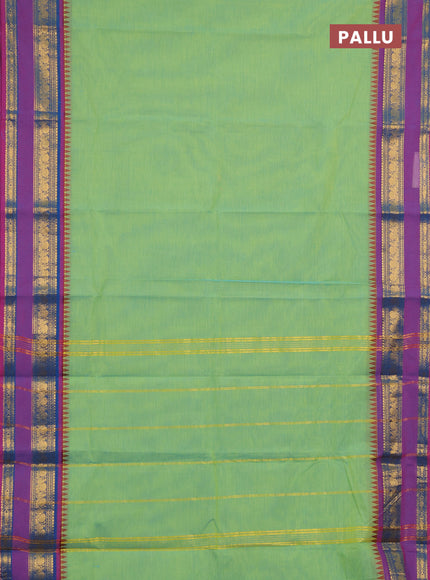 Chettinad cotton saree light green and purple with plain body and rettapet zari woven border