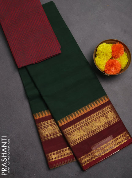 Chettinad cotton saree bottle green and maroon with plain body and rettapet zari woven border