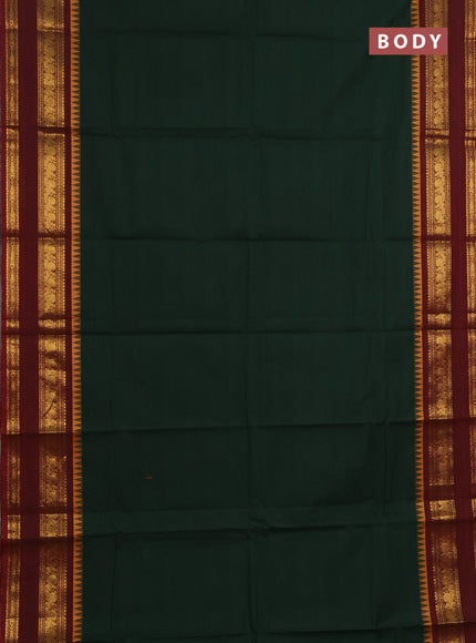 Chettinad cotton saree bottle green and maroon with plain body and rettapet zari woven border