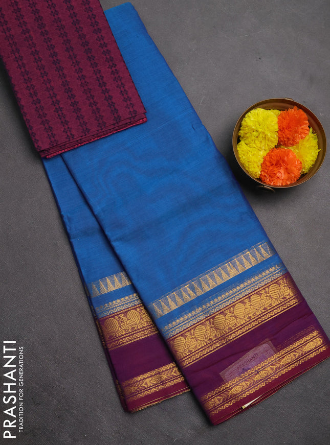Chettinad cotton saree cs blue and wine shade with plain body and rettapet zari woven border