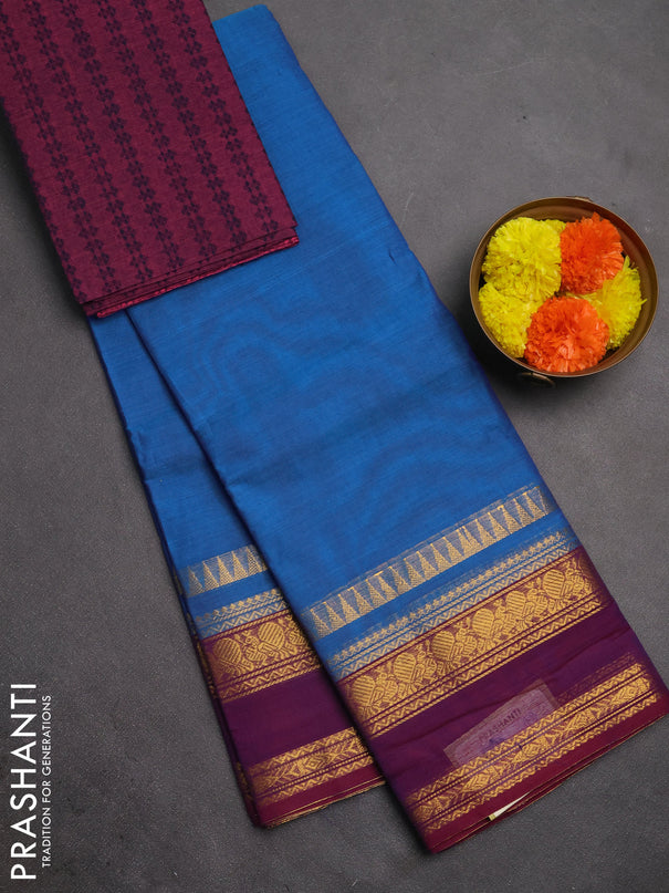 Chettinad cotton saree cs blue and wine shade with plain body and rettapet zari woven border