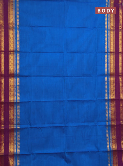 Chettinad cotton saree cs blue and wine shade with plain body and rettapet zari woven border