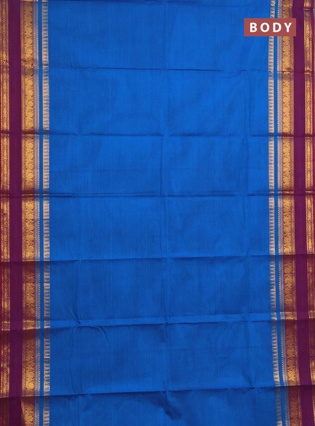 Chettinad cotton saree cs blue and wine shade with plain body and rettapet zari woven border