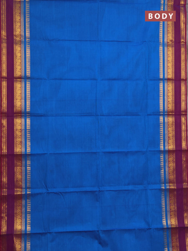 Chettinad cotton saree cs blue and wine shade with plain body and rettapet zari woven border