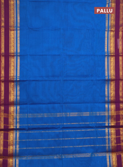 Chettinad cotton saree cs blue and wine shade with plain body and rettapet zari woven border