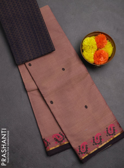 Chettinad cotton saree rosy brown and wine shade with thread woven buttas and zari woven simple border