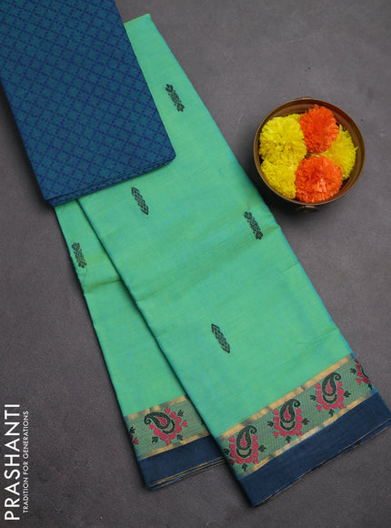 Chettinad cotton saree teal green and peacock blue with thread woven buttas and zari woven simple border