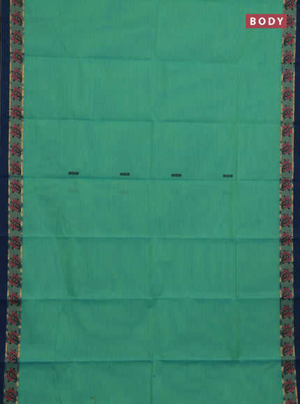 Chettinad cotton saree teal green and peacock blue with thread woven buttas and zari woven simple border