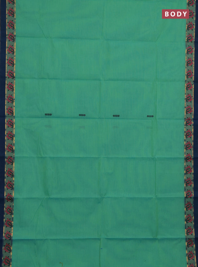 Chettinad cotton saree teal green and peacock blue with thread woven buttas and zari woven simple border
