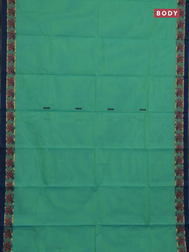 Chettinad cotton saree teal green and peacock blue with thread woven buttas and zari woven simple border