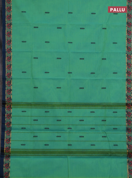 Chettinad cotton saree teal green and peacock blue with thread woven buttas and zari woven simple border
