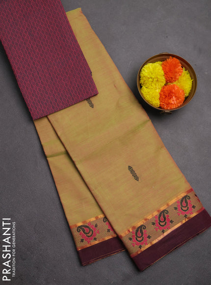 Chettinad cotton saree dual shade of pista green and wine shade with thread woven buttas and zari woven simple border