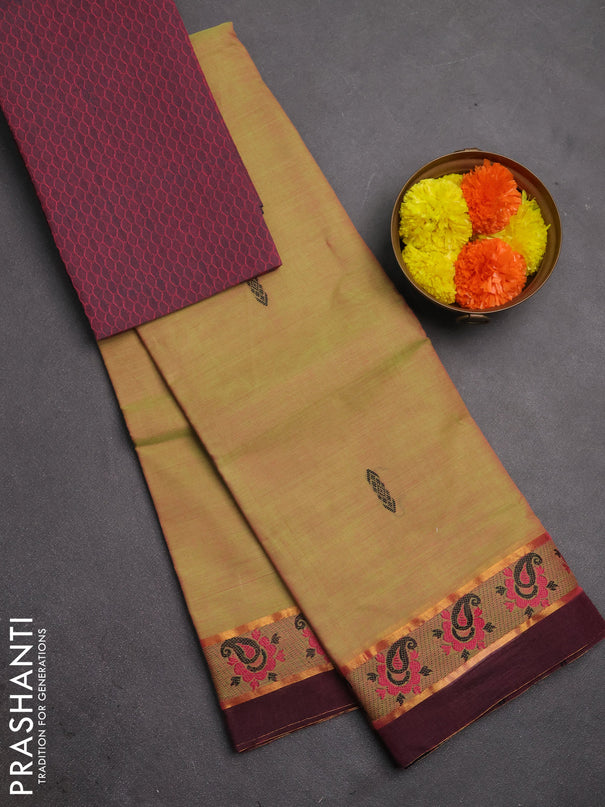 Chettinad cotton saree dual shade of pista green and wine shade with thread woven buttas and zari woven simple border