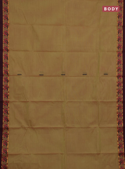 Chettinad cotton saree dual shade of pista green and wine shade with thread woven buttas and zari woven simple border
