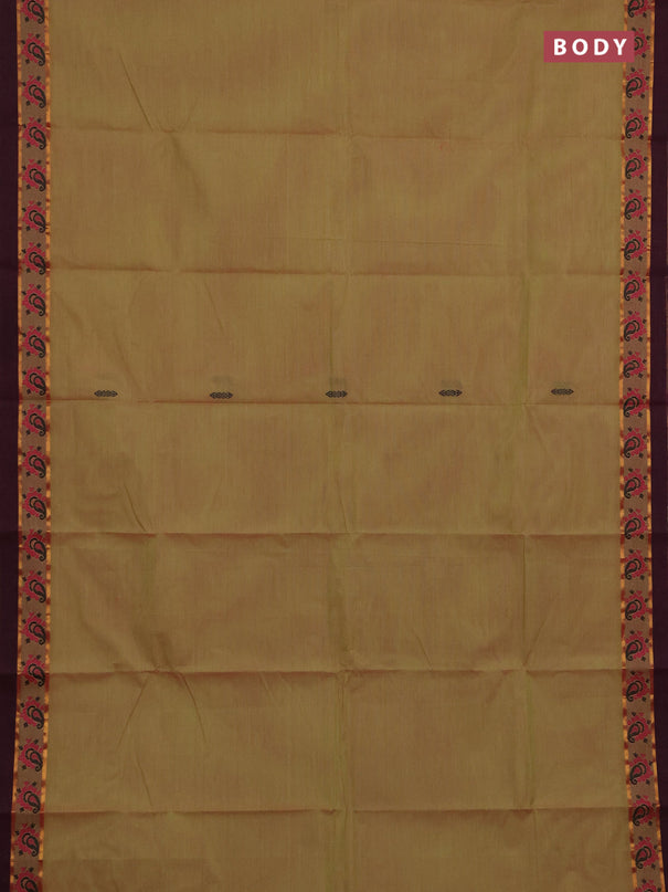 Chettinad cotton saree dual shade of pista green and wine shade with thread woven buttas and zari woven simple border