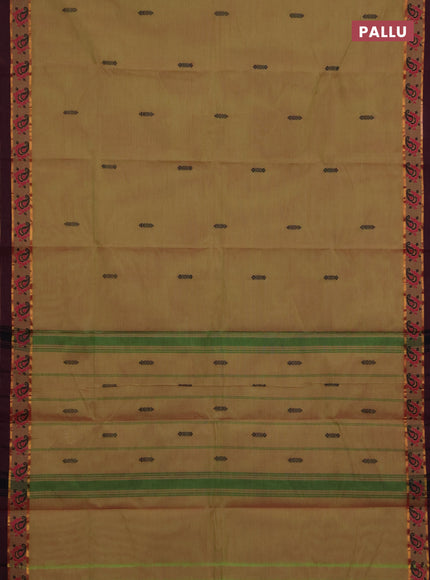 Chettinad cotton saree dual shade of pista green and wine shade with thread woven buttas and zari woven simple border