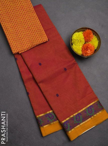 Chettinad cotton saree dual shade of pink and mustard yellow with thread woven buttas and zari woven simple border