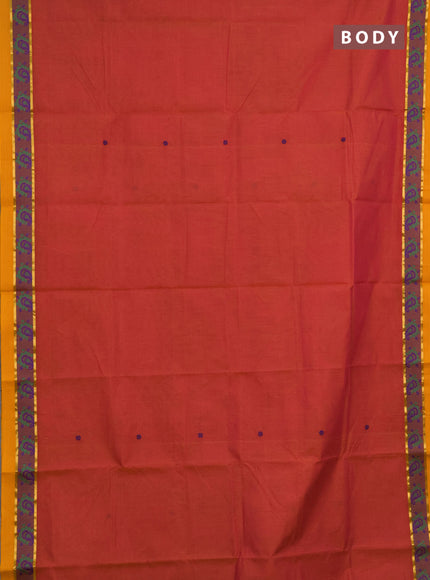 Chettinad cotton saree dual shade of pink and mustard yellow with thread woven buttas and zari woven simple border