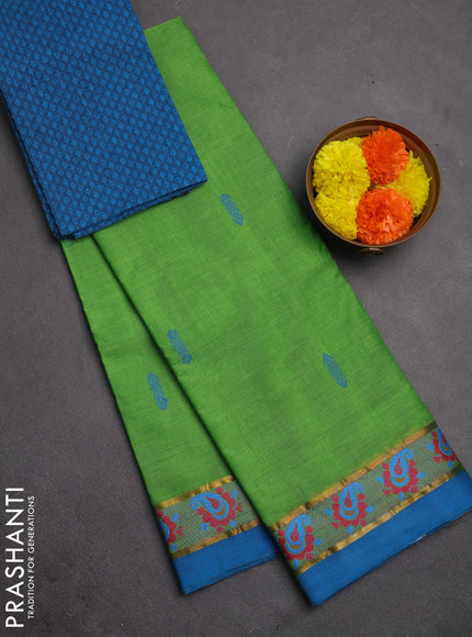 Chettinad cotton saree green and cs blue with thread woven buttas and zari woven simple border