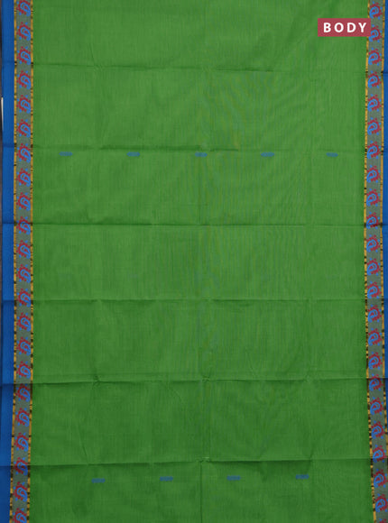 Chettinad cotton saree green and cs blue with thread woven buttas and zari woven simple border
