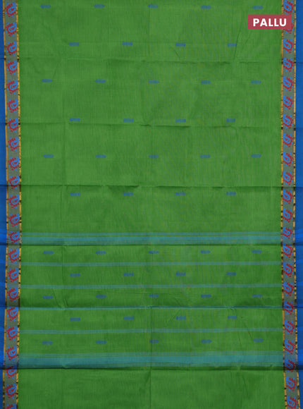 Chettinad cotton saree green and cs blue with thread woven buttas and zari woven simple border